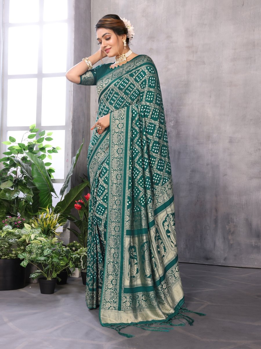Green Jacquard Zari Hand Bandhani Saree with Peacock & Dandiya Motifs - CLOHI