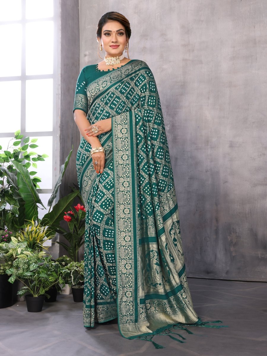 Green Jacquard Zari Hand Bandhani Saree with Peacock & Dandiya Motifs - CLOHI