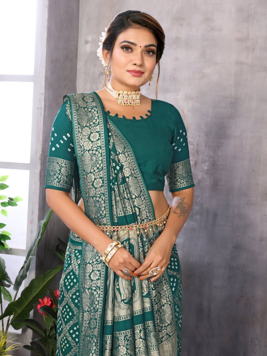Green Jacquard Zari Hand Bandhani Saree with Peacock & Dandiya Motifs - CLOHI