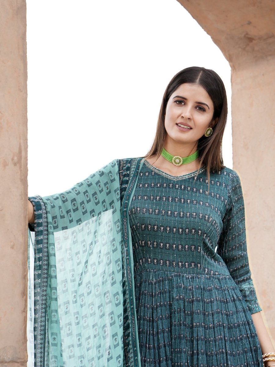 Greenish Blue Coconut Tree Chinon Gown with Printed Dupatta - CLOHI