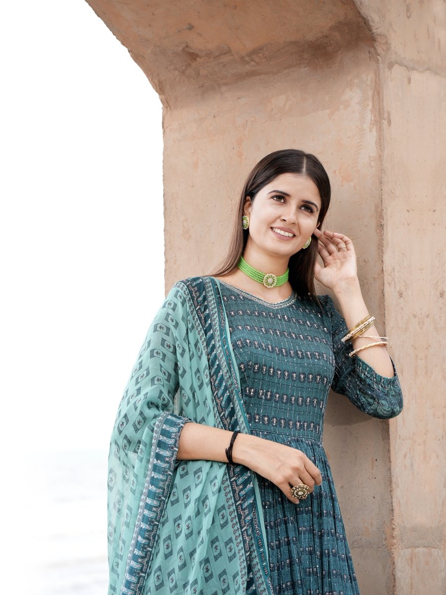 Greenish Blue Coconut Tree Chinon Gown with Printed Dupatta - CLOHI