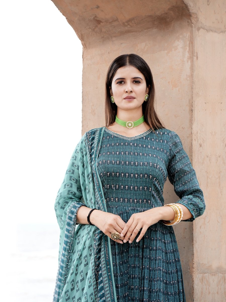 Greenish Blue Coconut Tree Chinon Gown with Printed Dupatta - CLOHI