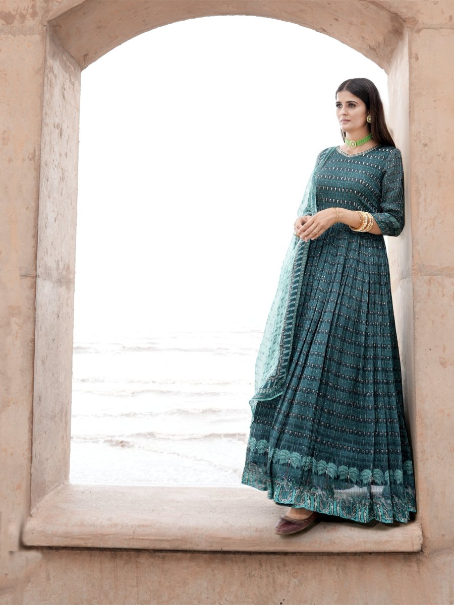 Greenish Blue Coconut Tree Chinon Gown with Printed Dupatta - CLOHI