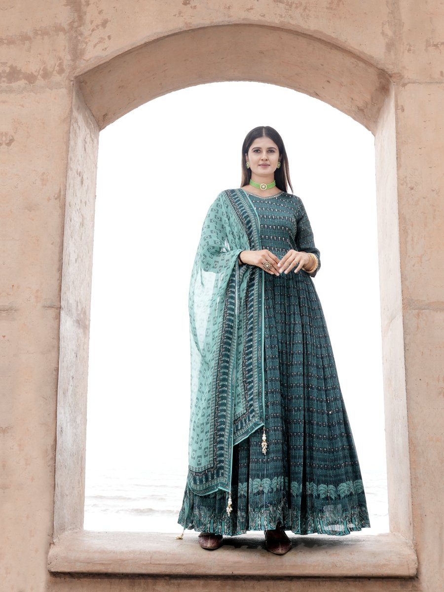 Greenish Blue Coconut Tree Chinon Gown with Printed Dupatta - CLOHI