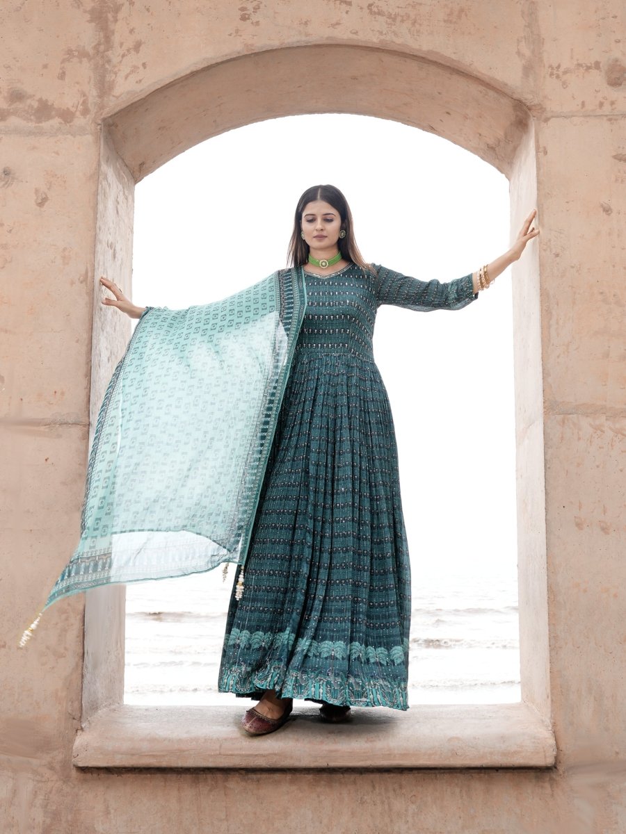 Greenish Blue Coconut Tree Chinon Gown with Printed Dupatta - CLOHI