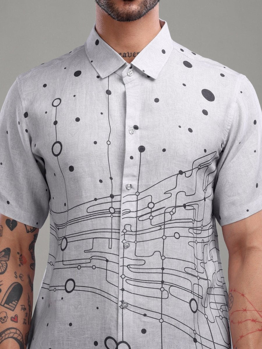 Grey Artistic Circuit Print Pure Linen Shirt - CLOHI