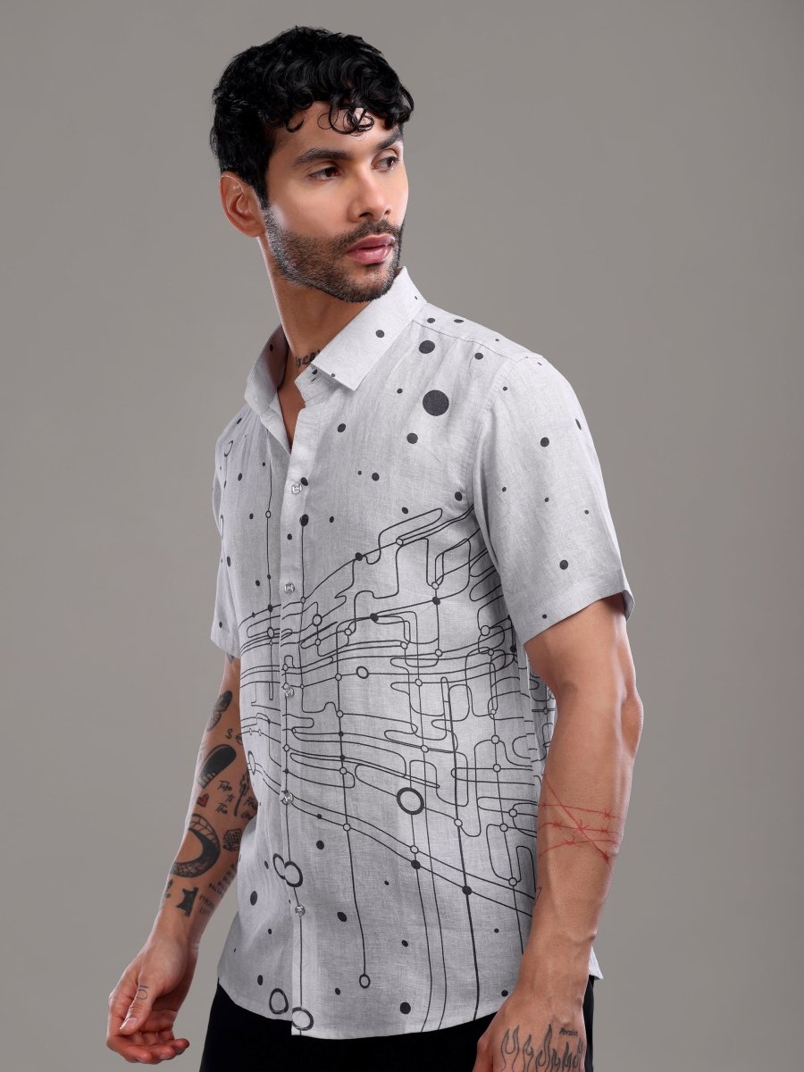 Grey Artistic Circuit Print Pure Linen Shirt - CLOHI