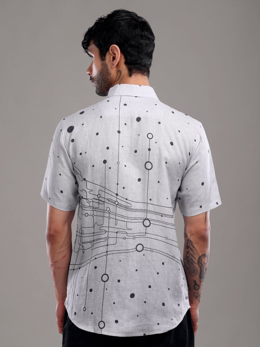 Grey Artistic Circuit Print Pure Linen Shirt - CLOHI