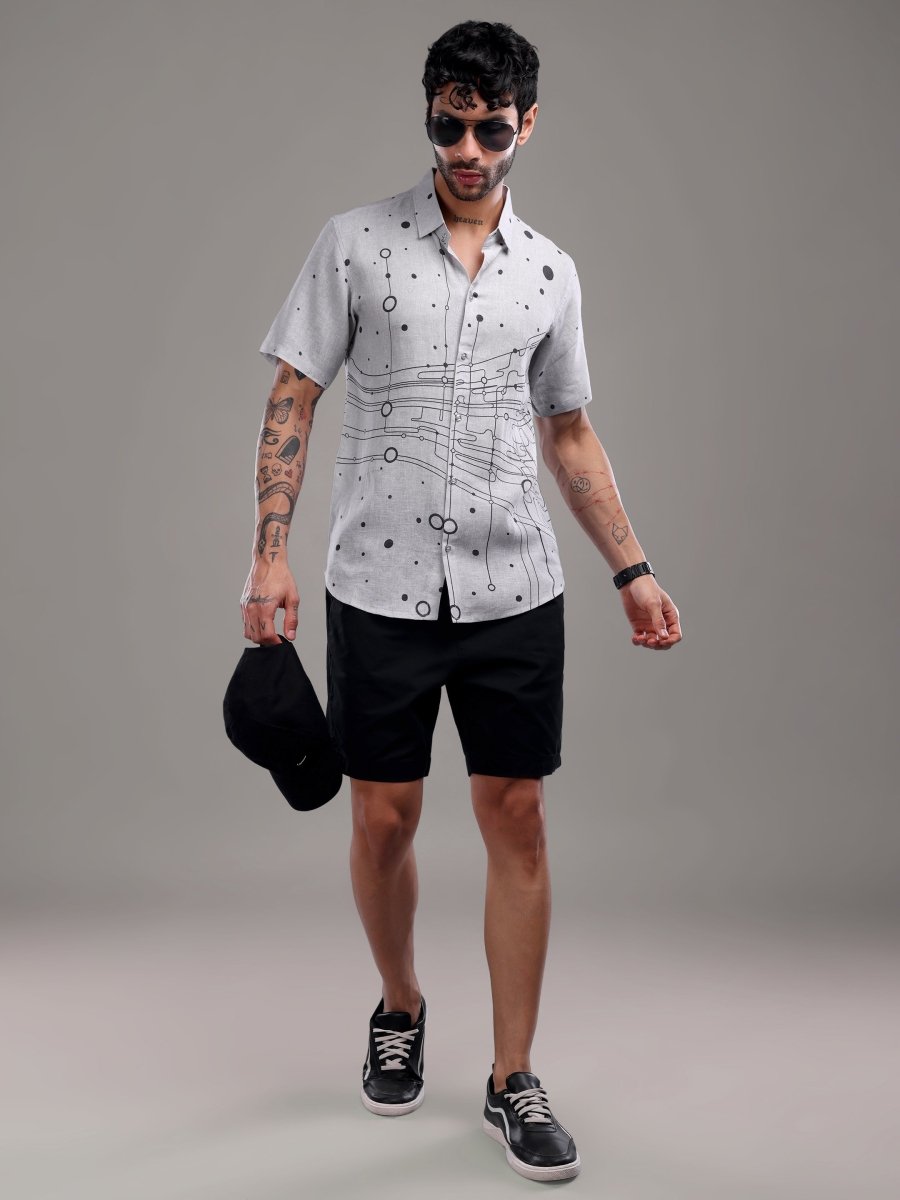 Grey Artistic Circuit Print Pure Linen Shirt - CLOHI