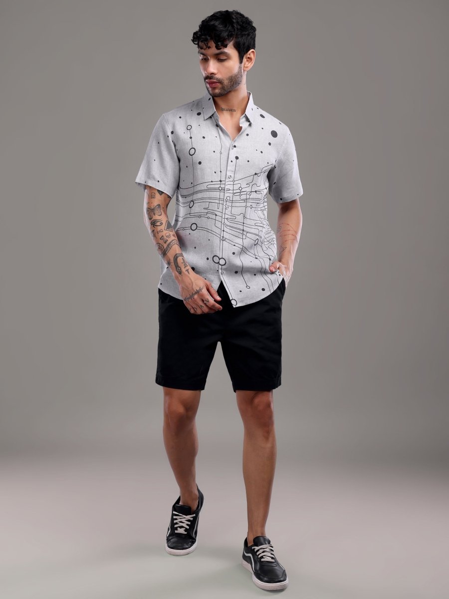 Grey Artistic Circuit Print Pure Linen Shirt - CLOHI