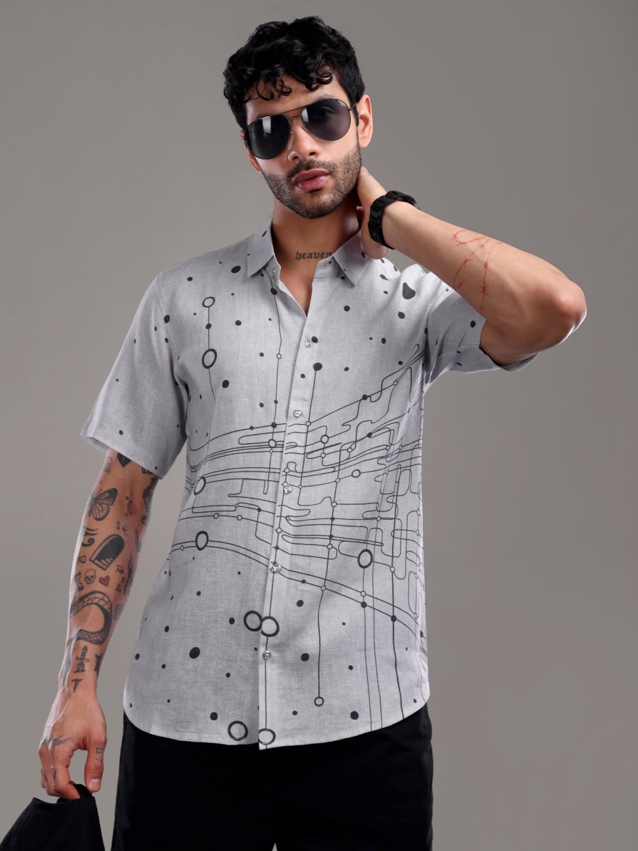 Grey Artistic Circuit Print Pure Linen Shirt - CLOHI