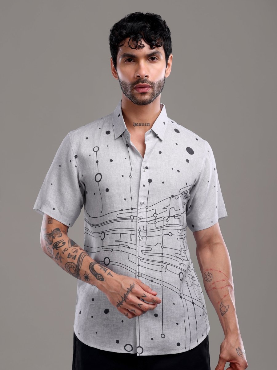 Grey Artistic Circuit Print Pure Linen Shirt - CLOHI
