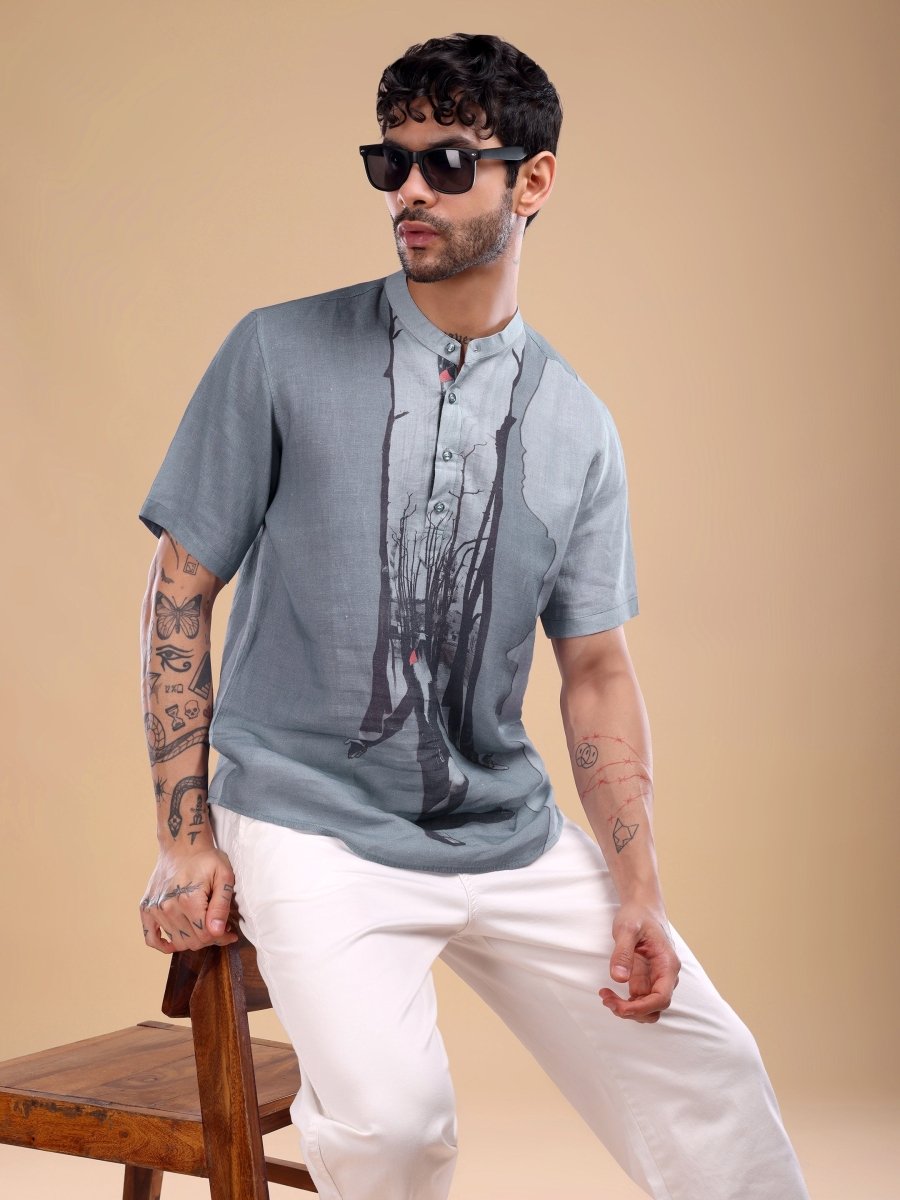 Grey Pure Linen Shirt with Abstract Forest Print & Mandarin Collar - CLOHI