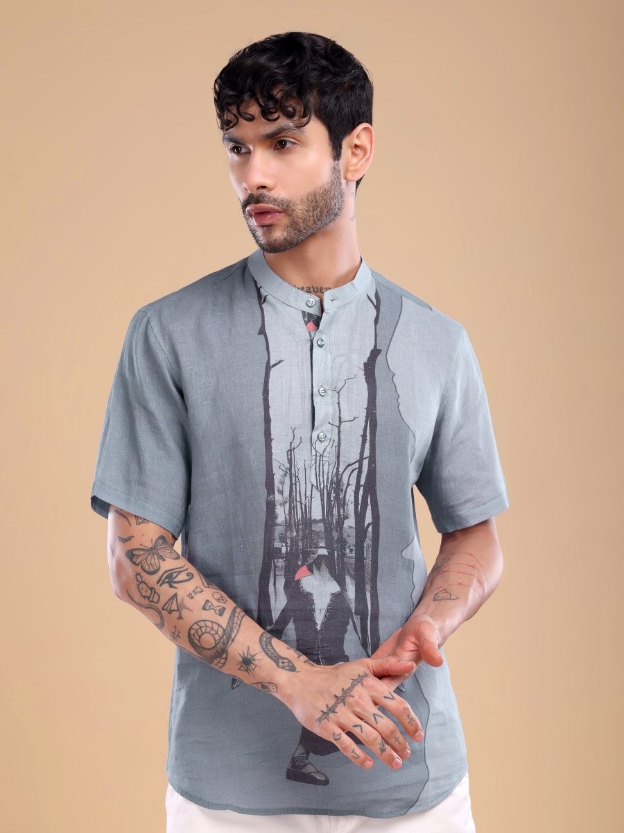 Grey Pure Linen Shirt with Abstract Forest Print & Mandarin Collar - CLOHI