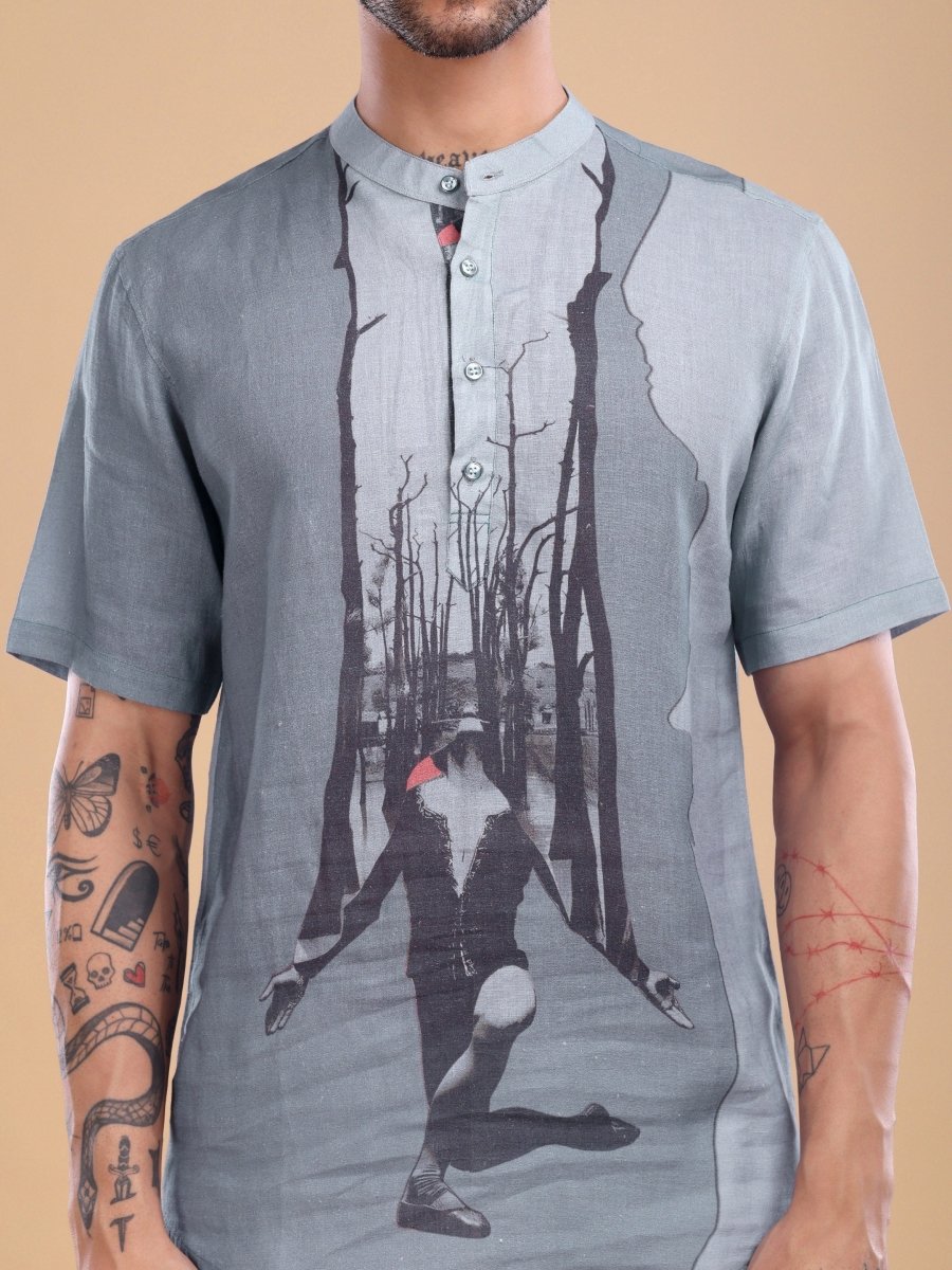 Grey Pure Linen Shirt with Abstract Forest Print & Mandarin Collar - CLOHI