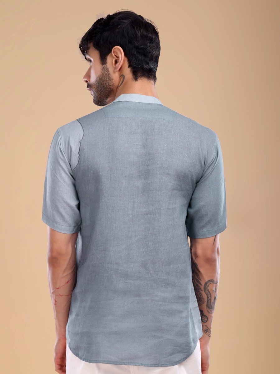 Grey Pure Linen Shirt with Abstract Forest Print & Mandarin Collar - CLOHI