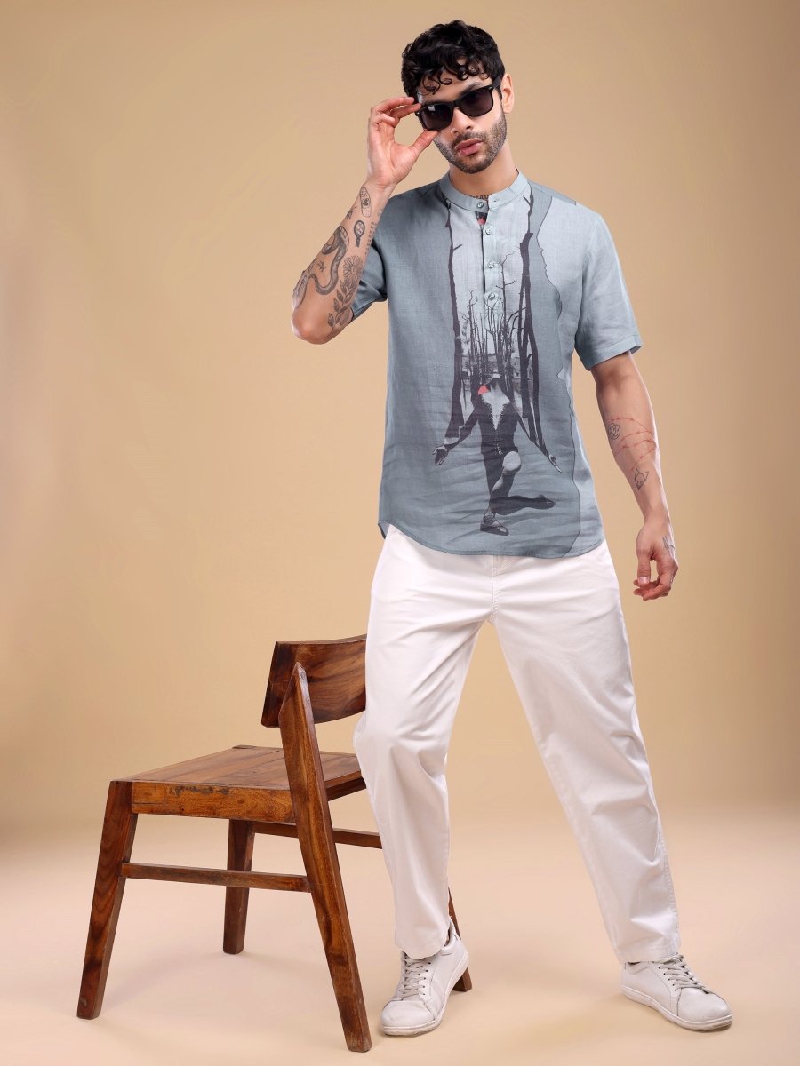 Grey Pure Linen Shirt with Abstract Forest Print & Mandarin Collar - CLOHI