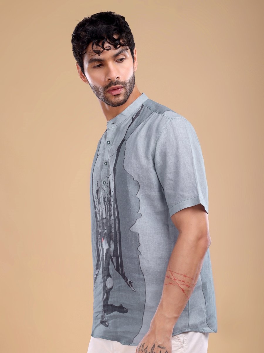 Grey Pure Linen Shirt with Abstract Forest Print & Mandarin Collar - CLOHI