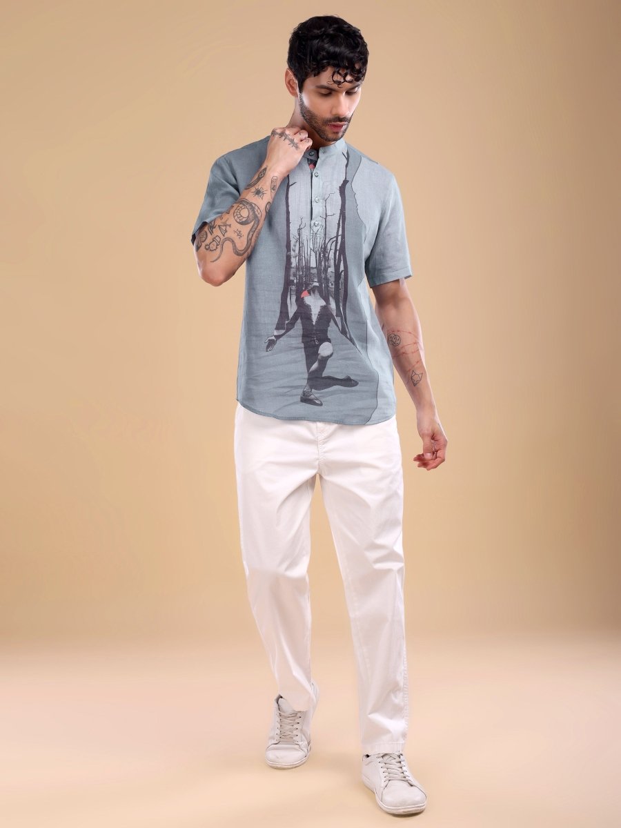 Grey Pure Linen Shirt with Abstract Forest Print & Mandarin Collar - CLOHI