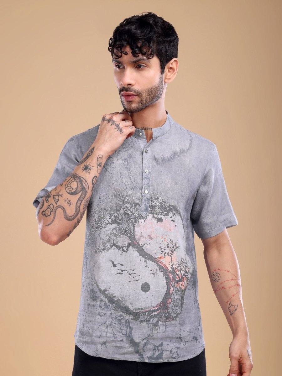 Grey Pure Linen Shirt with Yin - Yang Tree Artwork & Mandarin Collar - CLOHI