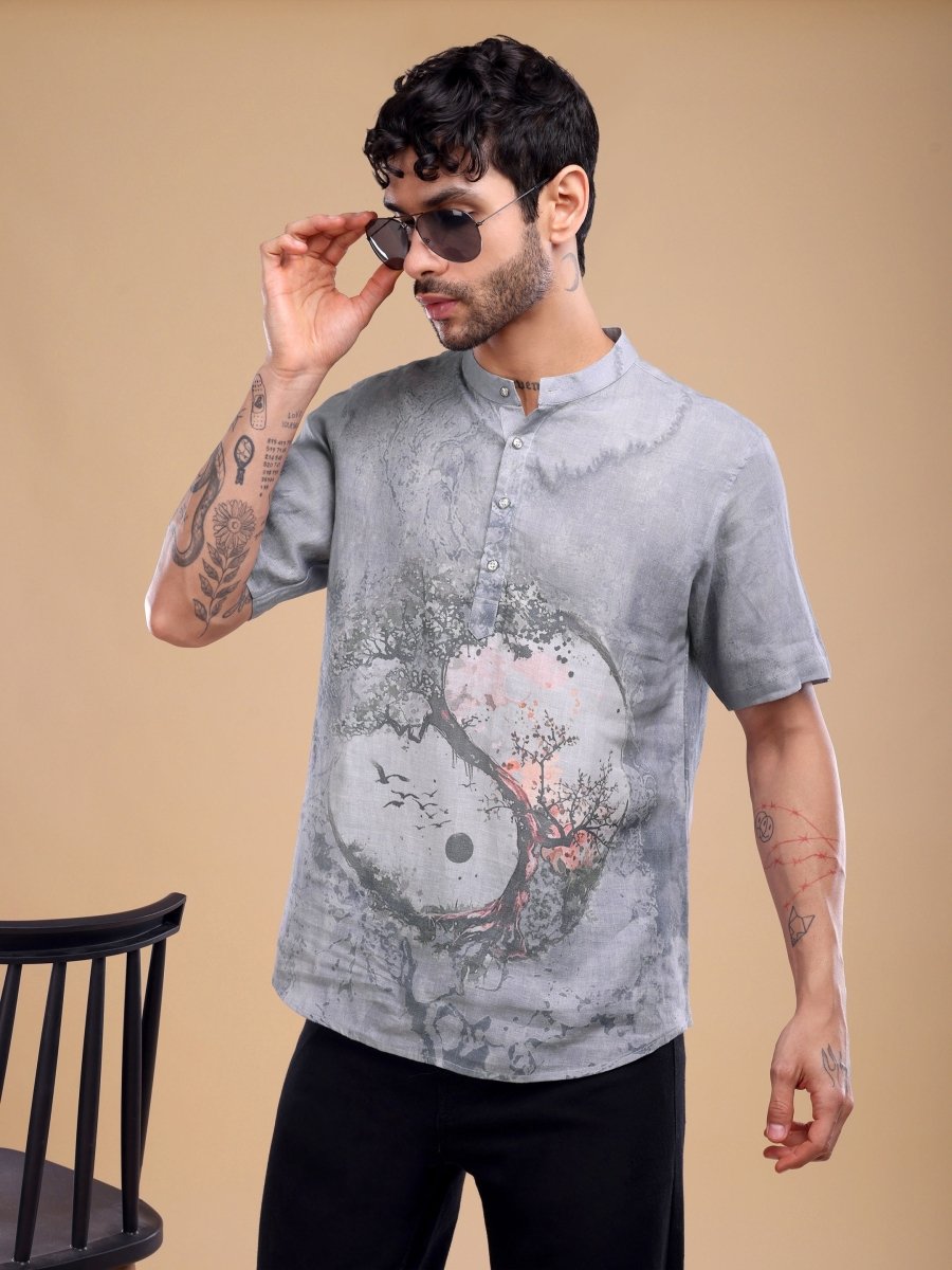 Grey Pure Linen Shirt with Yin - Yang Tree Artwork & Mandarin Collar - CLOHI