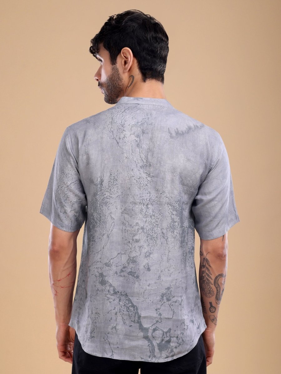 Grey Pure Linen Shirt with Yin - Yang Tree Artwork & Mandarin Collar - CLOHI