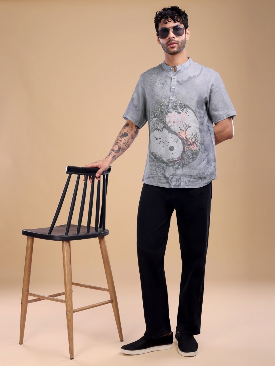 Grey Pure Linen Shirt with Yin - Yang Tree Artwork & Mandarin Collar - CLOHI