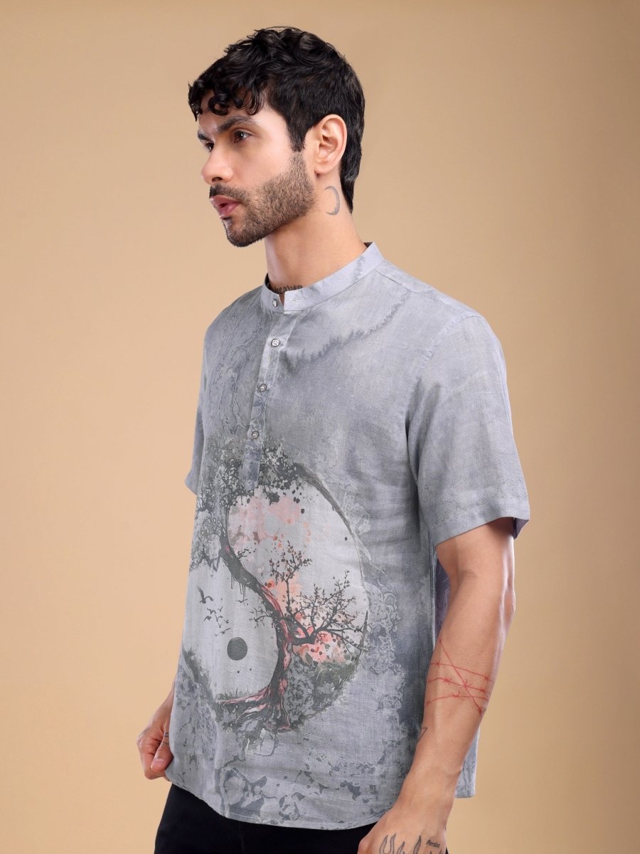 Grey Pure Linen Shirt with Yin - Yang Tree Artwork & Mandarin Collar - CLOHI