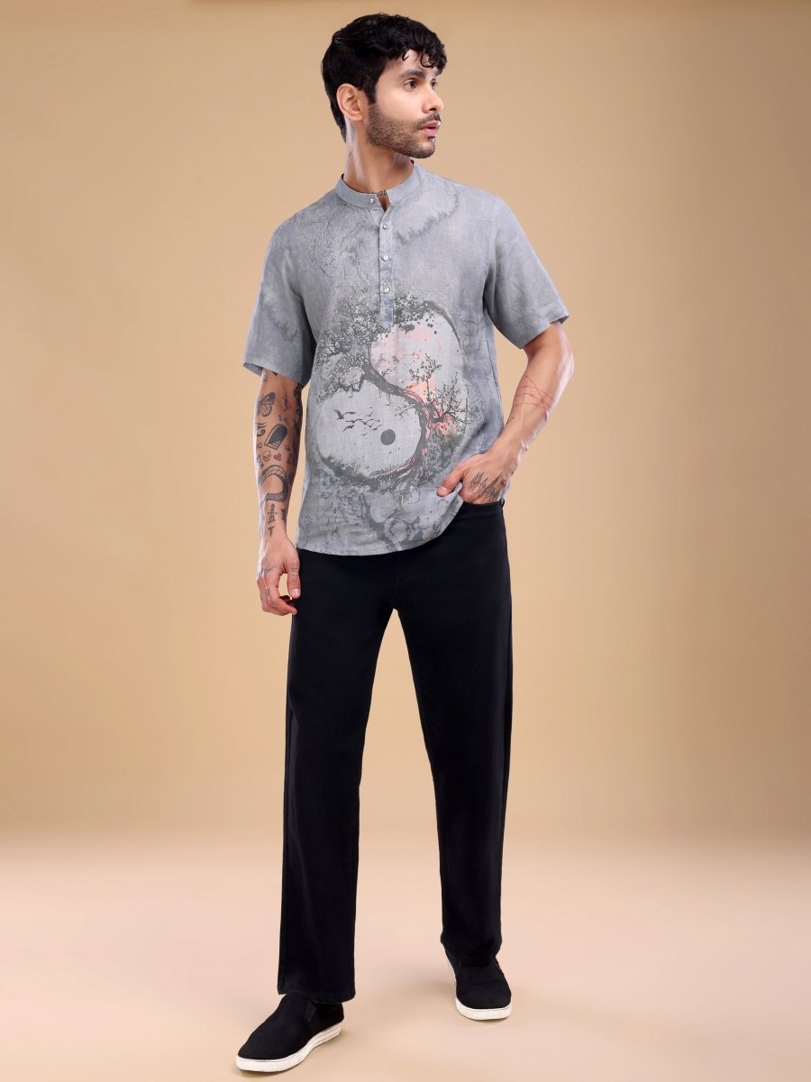 Grey Pure Linen Shirt with Yin - Yang Tree Artwork & Mandarin Collar - CLOHI