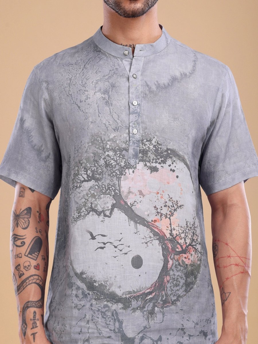 Grey Pure Linen Shirt with Yin - Yang Tree Artwork & Mandarin Collar - CLOHI