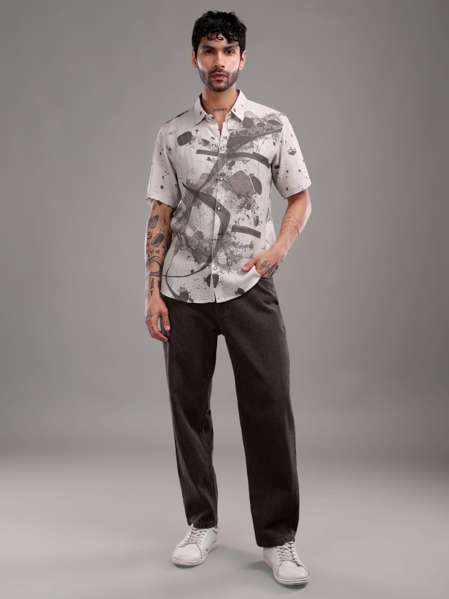 Ink Charcoal Abstract Art Pure Linen Shirt - CLOHI