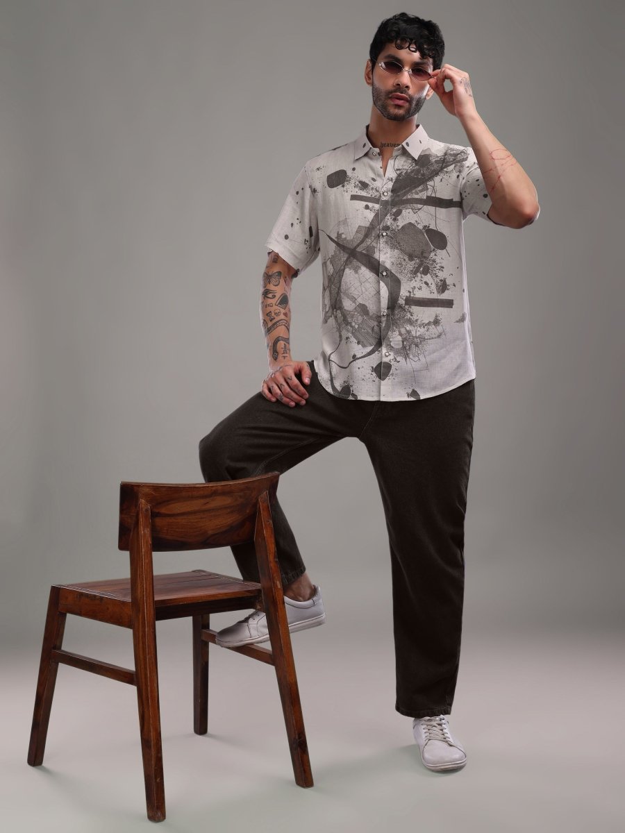 Ink Charcoal Abstract Art Pure Linen Shirt - CLOHI