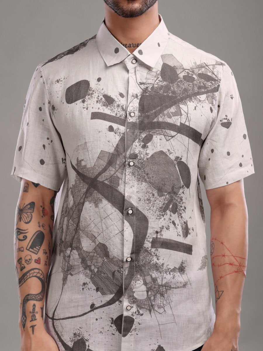 Ink Charcoal Abstract Art Pure Linen Shirt - CLOHI