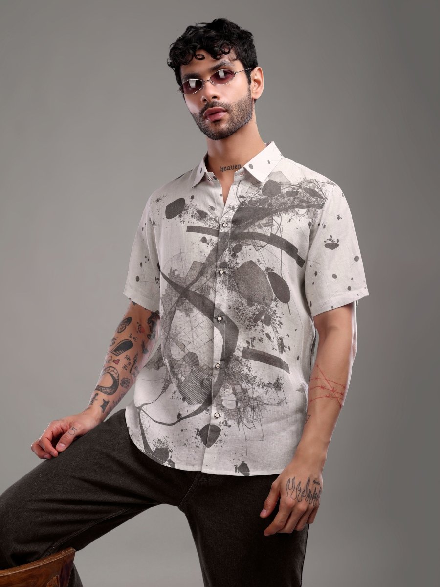 Ink Charcoal Abstract Art Pure Linen Shirt - CLOHI