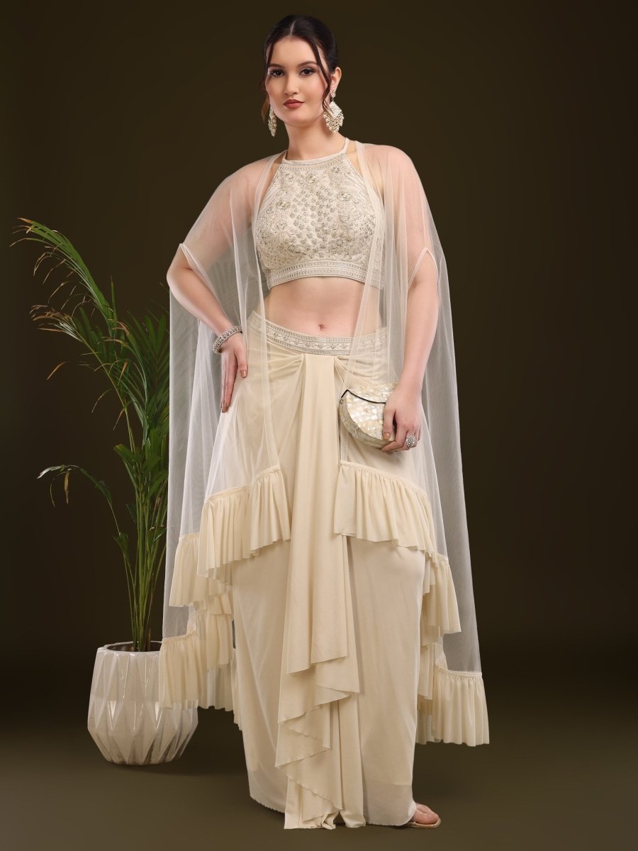 Front view of rust embellished palazzo set with cape dupatta