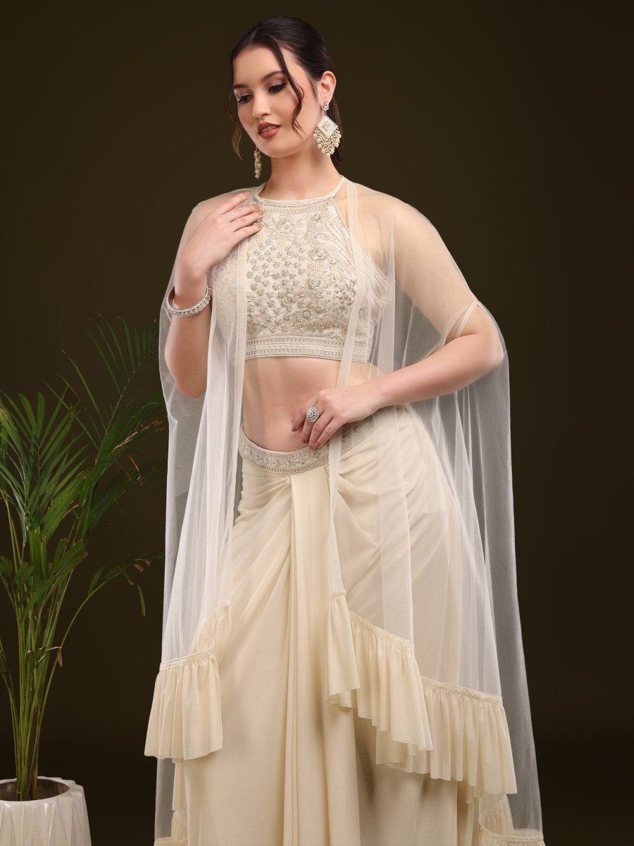 Portrait of model wearing rust embellished festive set