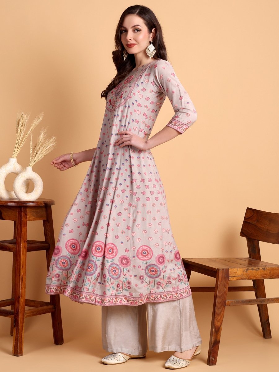 Lavender Floral Embroidered Anarkali Kurta Set for Women - CLOHI