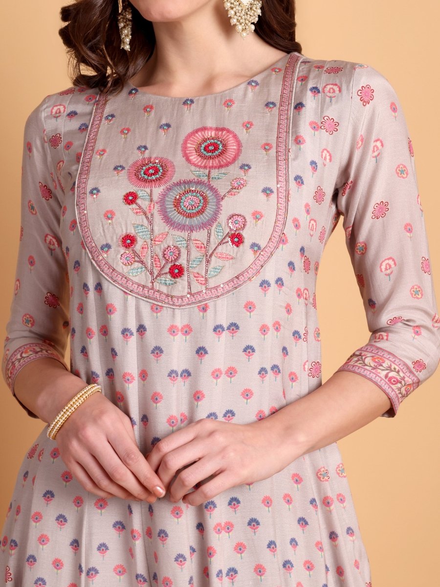 Lavender Floral Embroidered Anarkali Kurta Set for Women - CLOHI