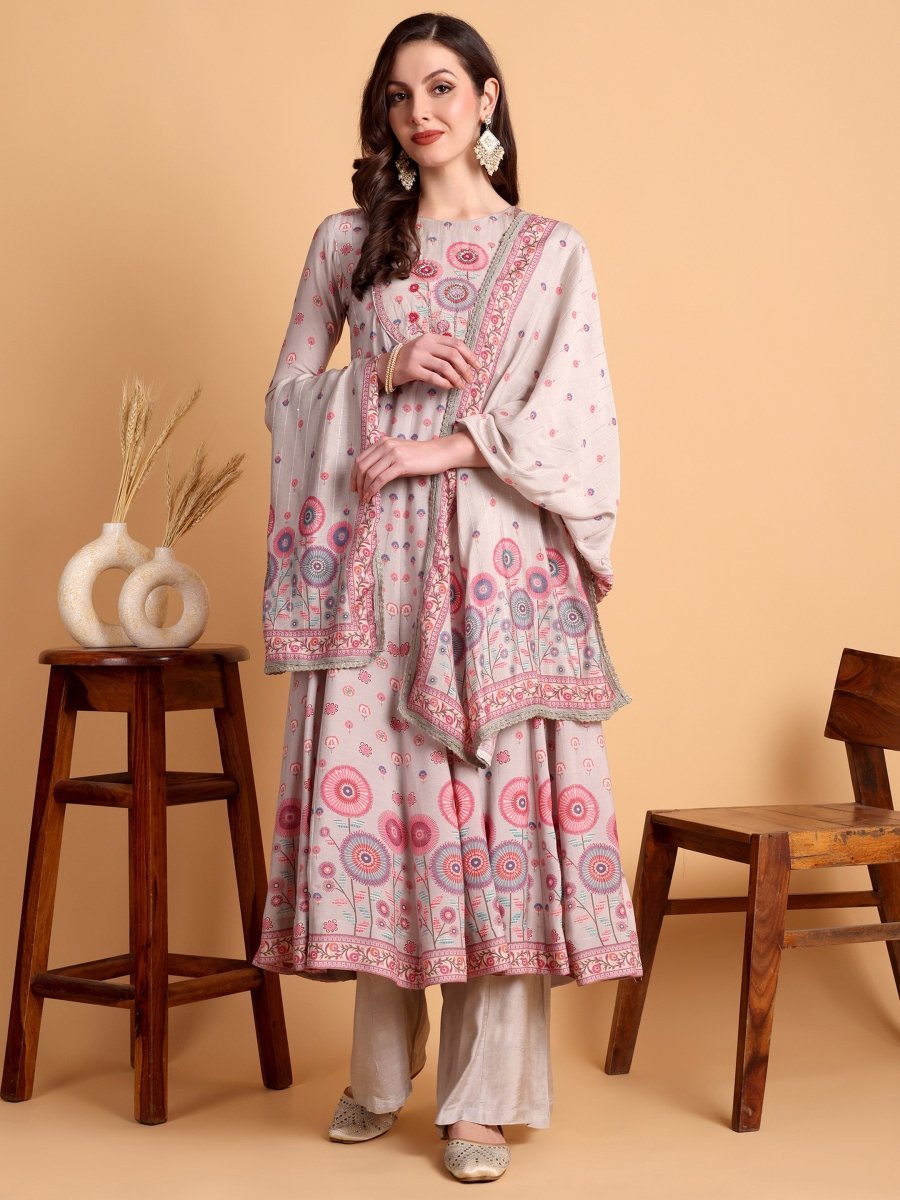 Lavender Floral Embroidered Anarkali Kurta Set for Women - CLOHI