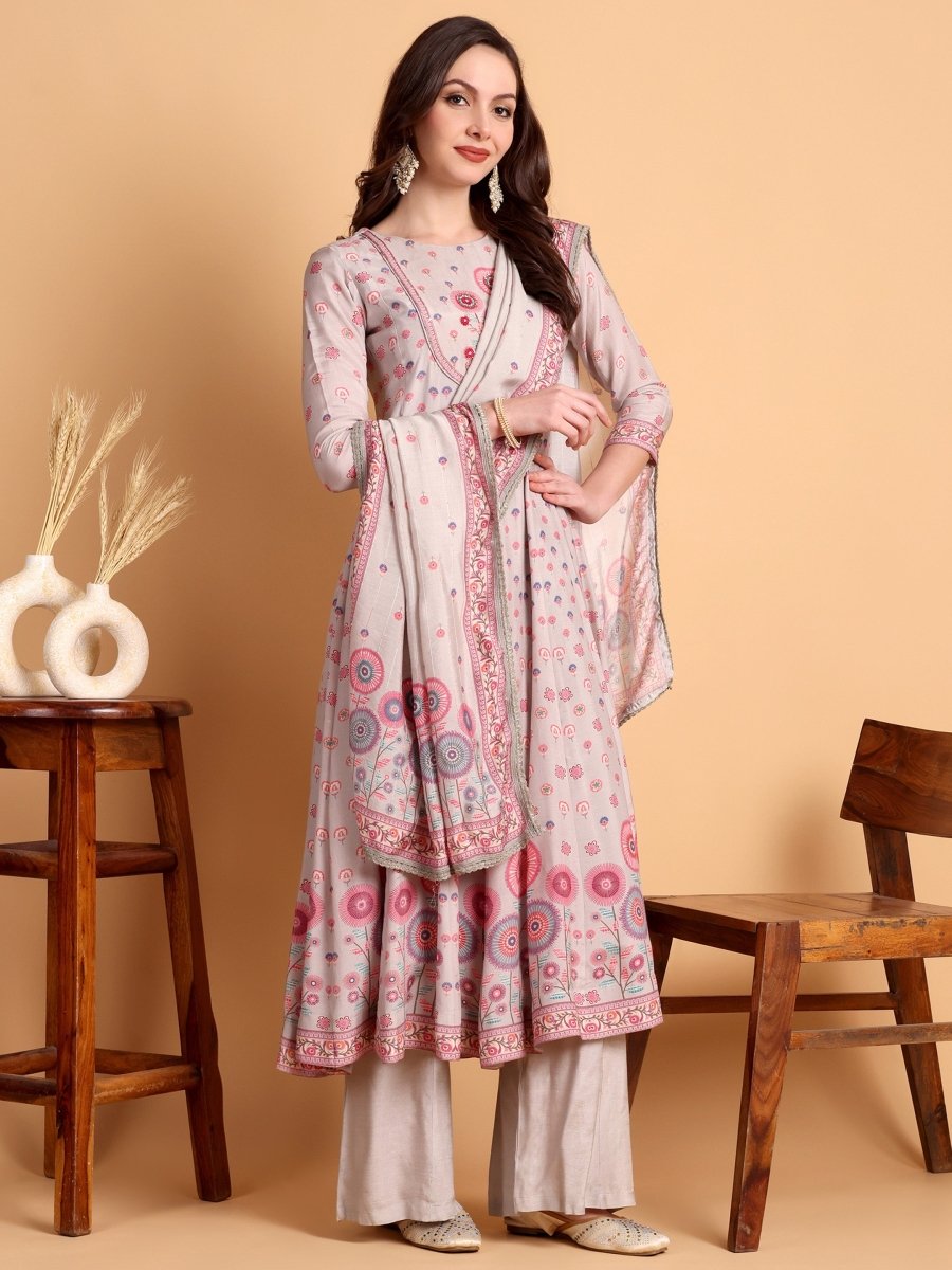 Lavender Floral Embroidered Anarkali Kurta Set for Women - CLOHI