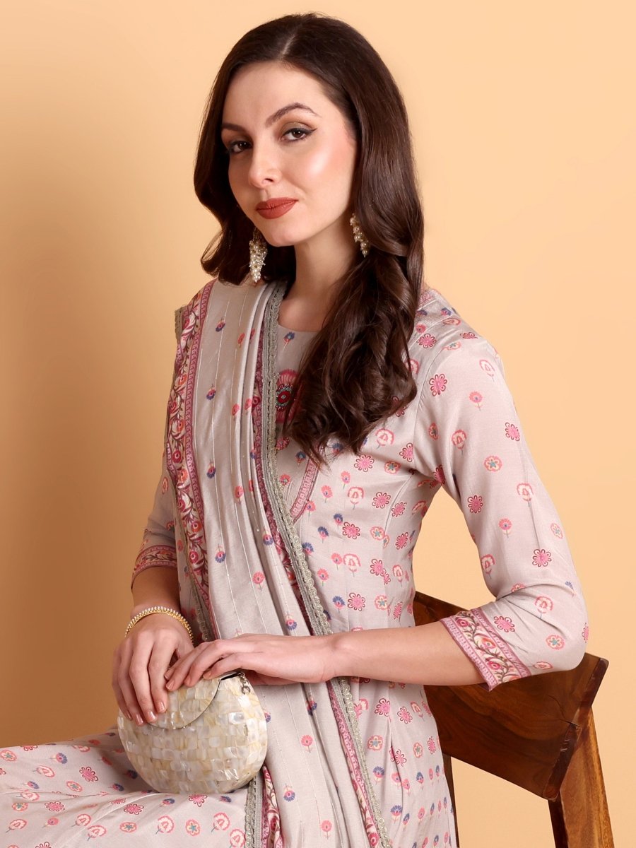 Lavender Floral Embroidered Anarkali Kurta Set for Women - CLOHI