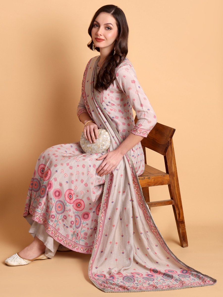 Lavender Floral Embroidered Anarkali Kurta Set for Women - CLOHI