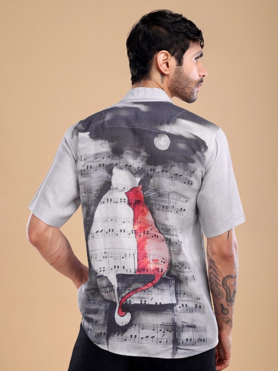 Lavender Grey Linen Shirt with Cat Music Print – Artistic Designer Wear - CLOHI