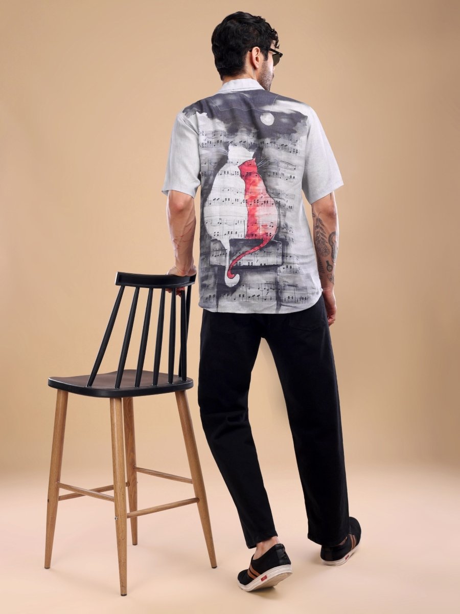 Lavender Grey Linen Shirt with Cat Music Print – Artistic Designer Wear - CLOHI