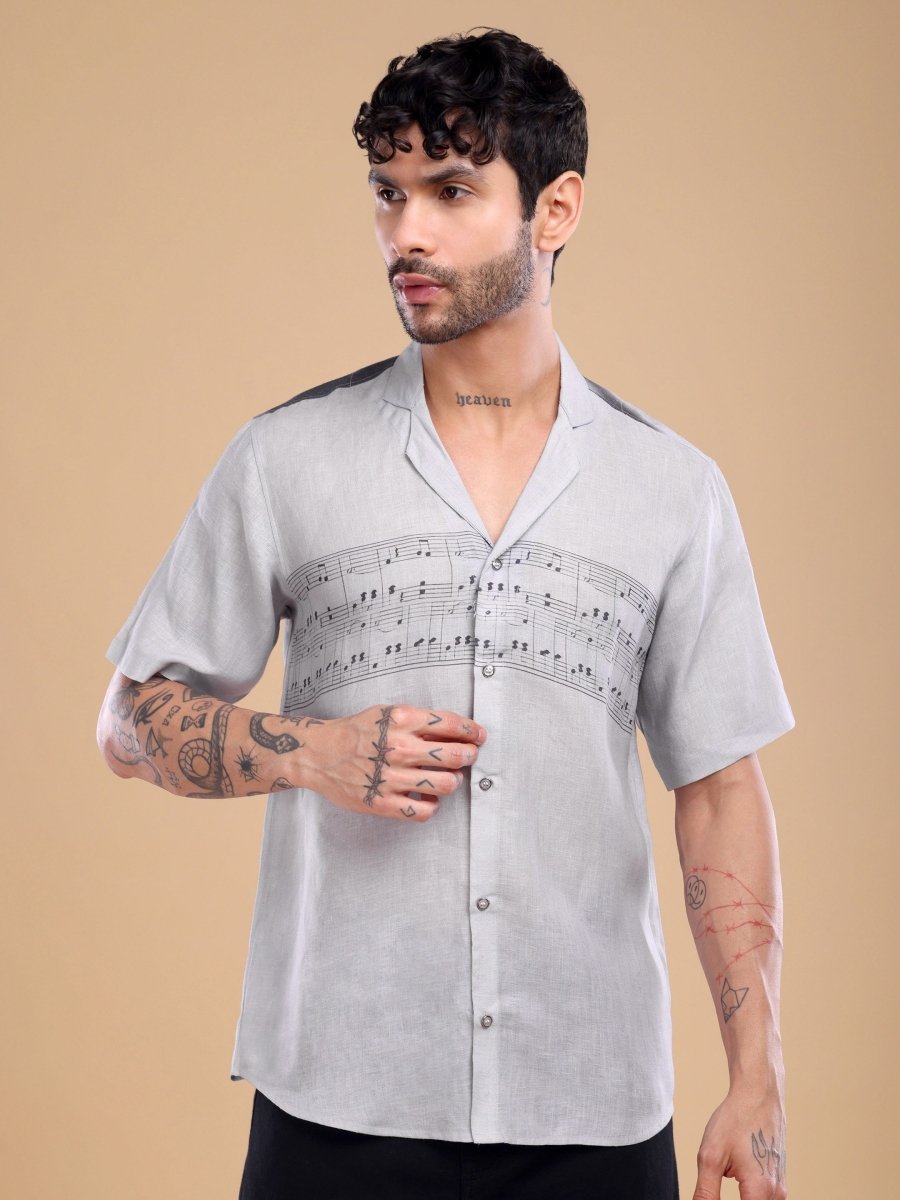 Lavender Grey Linen Shirt with Cat Music Print – Artistic Designer Wear - CLOHI