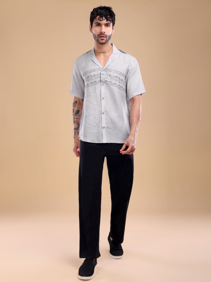 Lavender Grey Linen Shirt with Cat Music Print – Artistic Designer Wear - CLOHI