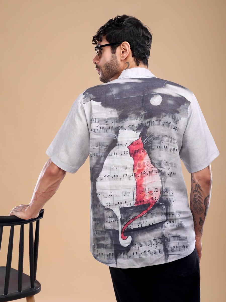 Lavender Grey Linen Shirt with Cat Music Print – Artistic Designer Wear - CLOHI