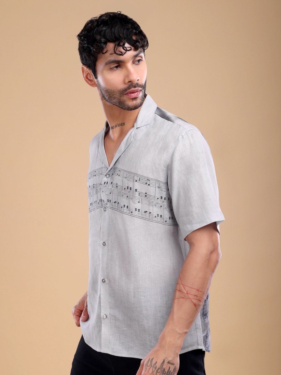 Lavender Grey Linen Shirt with Cat Music Print – Artistic Designer Wear - CLOHI