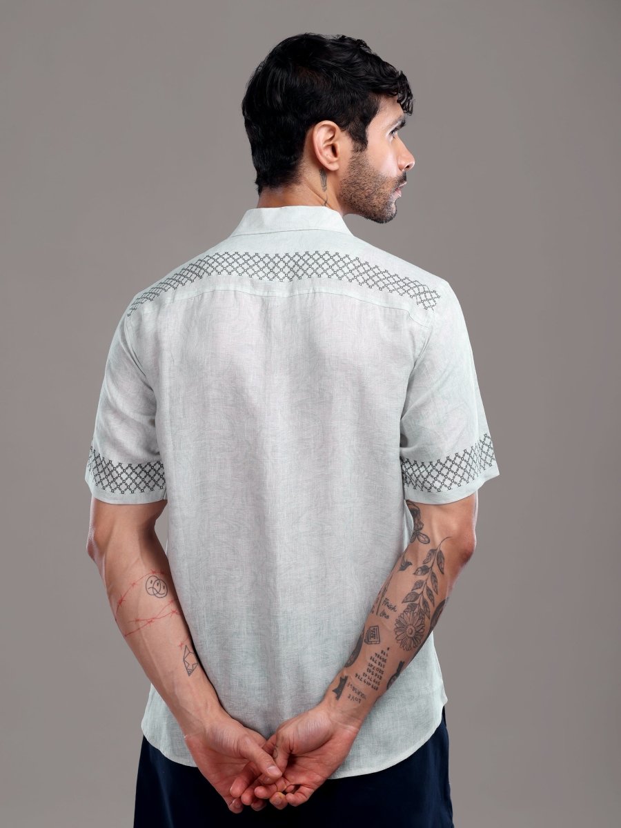 Lavender Pure Linen Shirt with Geometric Threadwork Detailing - CLOHI