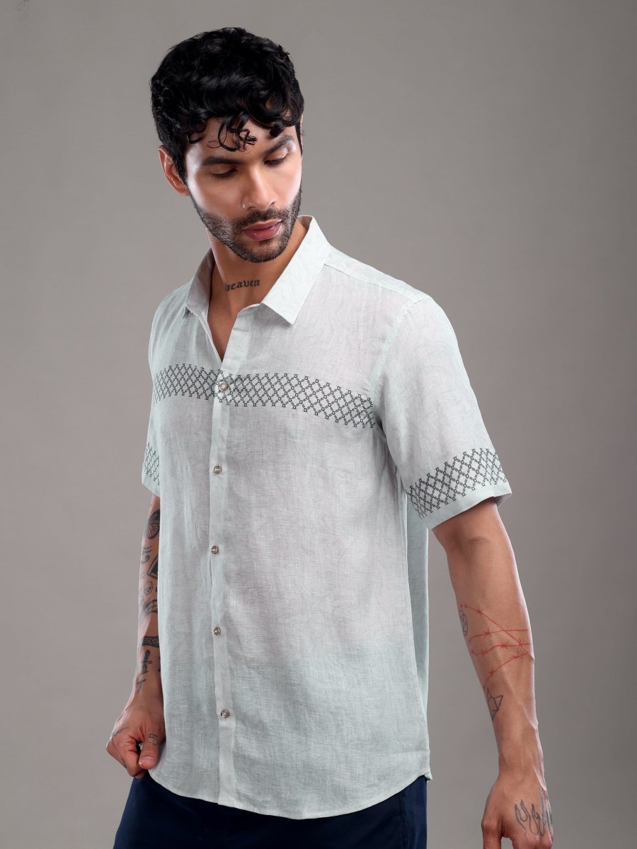Lavender Pure Linen Shirt with Geometric Threadwork Detailing - CLOHI